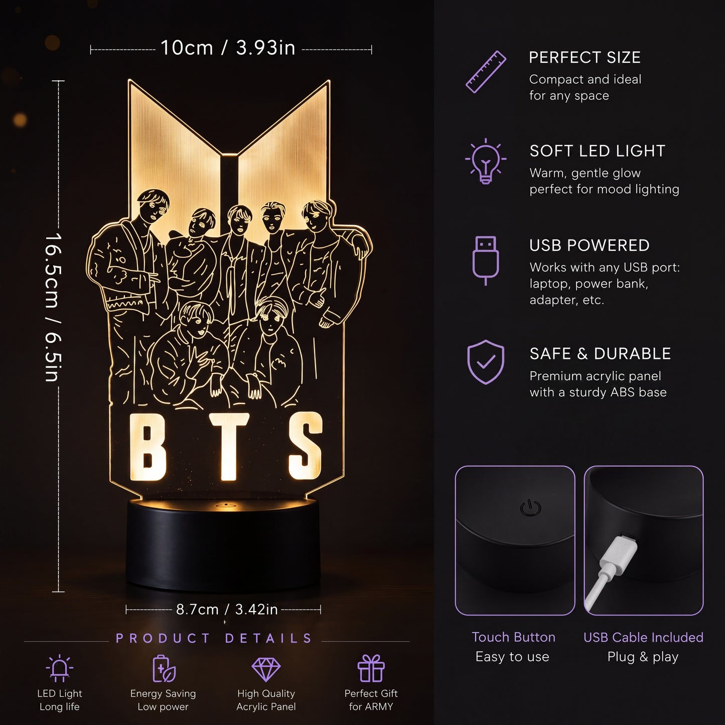 BTS LED Acrylic Lamp – 7 Color USB Night Light for ARMY Fans