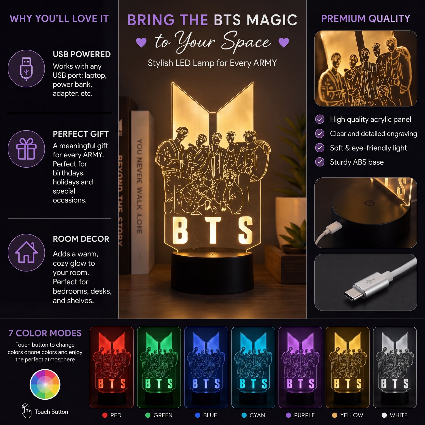 BTS LED Acrylic Lamp – 7 Color USB Night Light for ARMY Fans